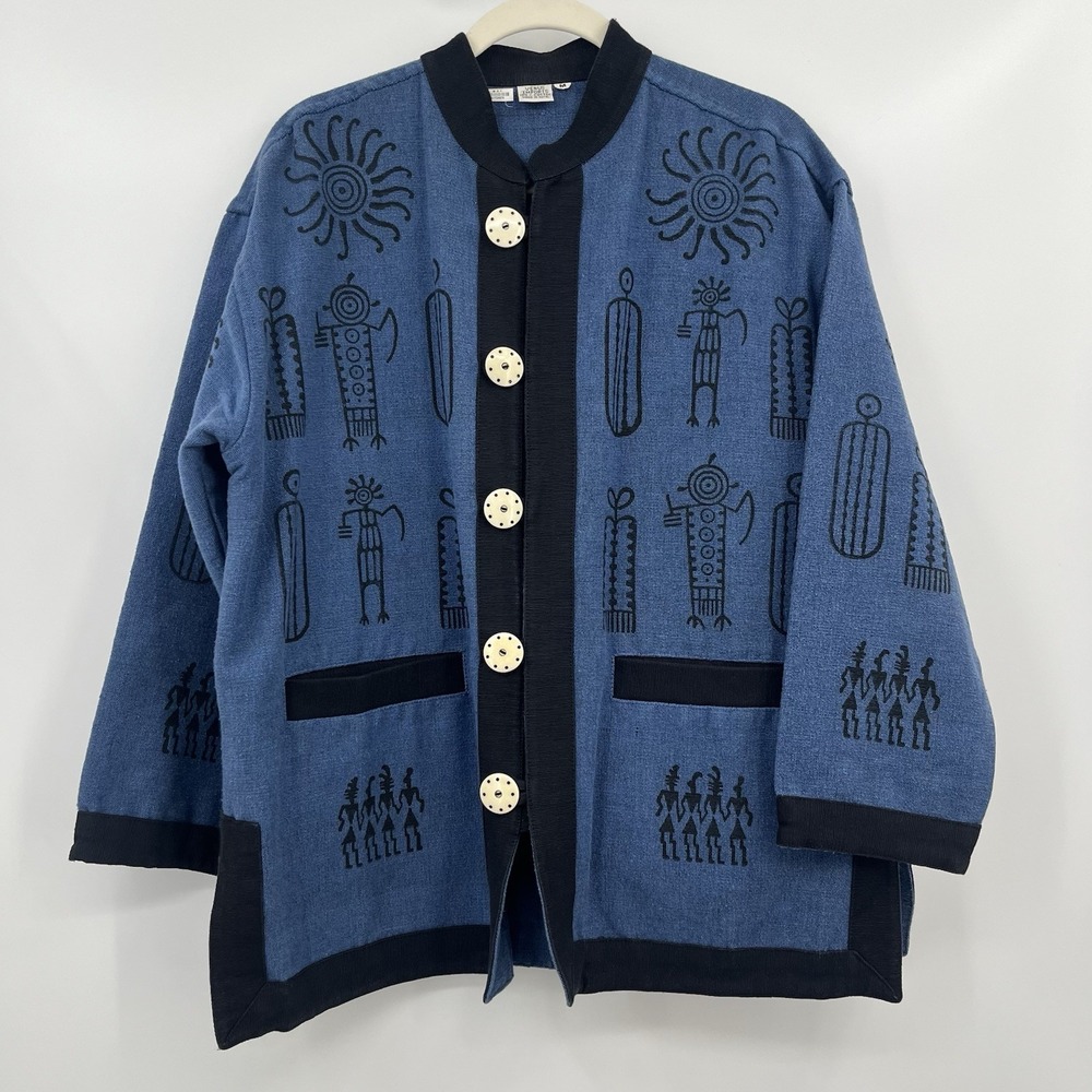 Women's Jacket Southwestern Art To Wear Blue Artsy Eclectic Whimsical Chore M
